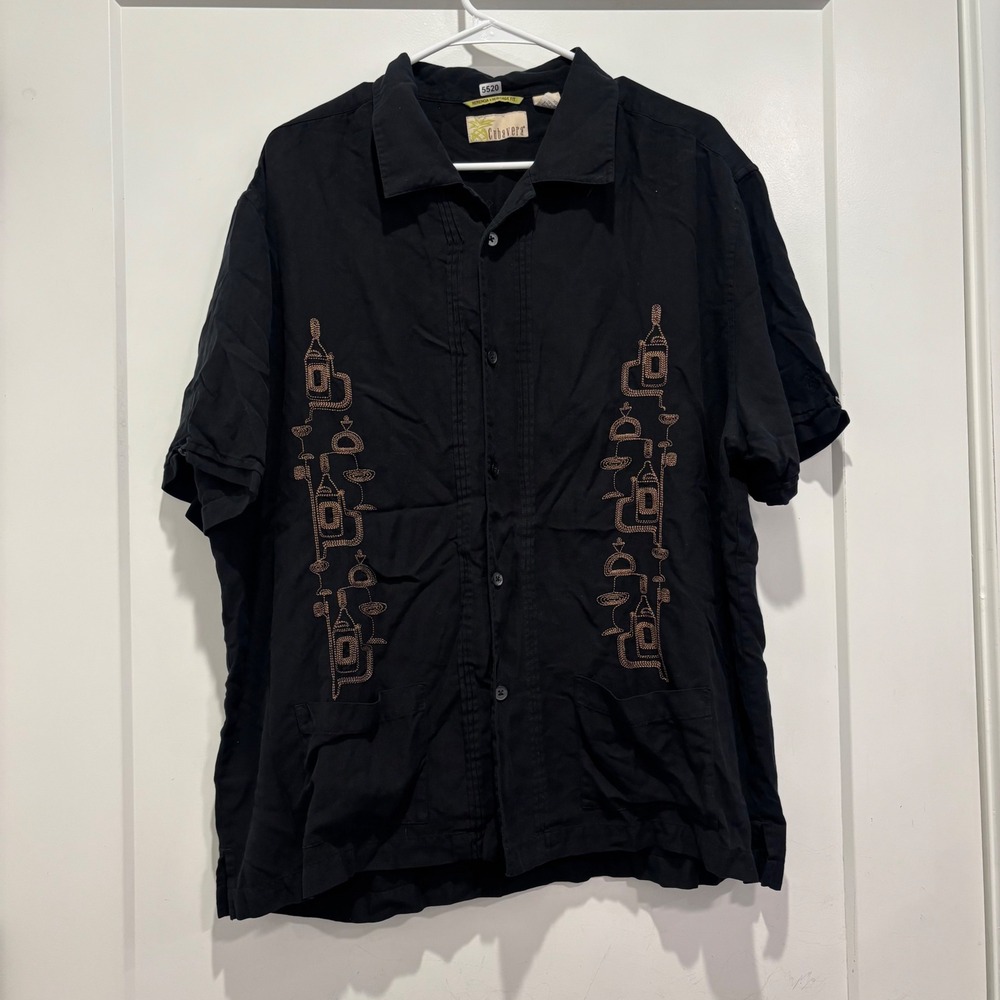 Cubavera Mens XL Black Silk Cotton Embroidered Guayabera Camp Shirt Heritage Fit